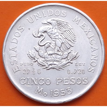 MEXICO 5 PESOS 1953 BUSTO DE HIDALGO KM.467 MONEDA DE PLATA Ley 720 Mejico silver coin 0,64 ONZAS R/1