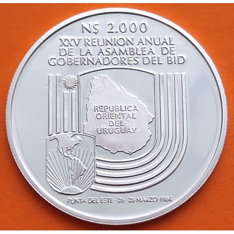 . @RARA - VER FOTOS@ URUGUAY 2000 PESOS 1984 BANCOS DEL DESARROLLO Escudo Antiguo BID MEETING KM.87 MONEDA DE PLATA PROOF