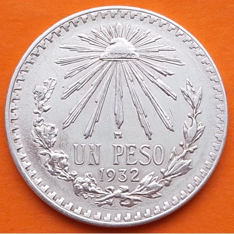 MEXICO 1 PESO 1932 GORRO FRIGIO KM.455 MONEDA DE PLATA @LIMPIADA@ ESTADOS UNIDOS MEXICANOS R/1