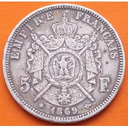 FRANCIA 5 FRANCOS 1869 BB Ceca de ESTRASBURGO EMPERADOR NAPOLEON III KM.799.2 MONEDA DE PLATA MBC France R/1
