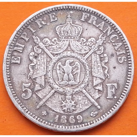 FRANCIA 5 FRANCOS 1869 BB Ceca de ESTRASBURGO EMPERADOR NAPOLEON III KM.799.2 MONEDA DE PLATA MBC France R/1