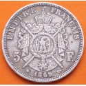 FRANCIA 5 FRANCOS 1869 BB Ceca de ESTRASBURGO EMPERADOR NAPOLEON III KM.799.2 MONEDA DE PLATA MBC France R/1