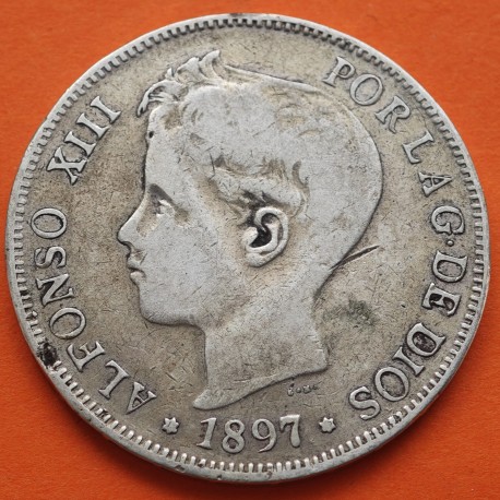 . @ESCASO FALSO DE EPOCA s.XIX@ ESPAÑA 5 PESETAS 1897 PGM Rey ALFONSO XIII MONEDA DE PLATA KM.707 (DURO SEVILLANO)