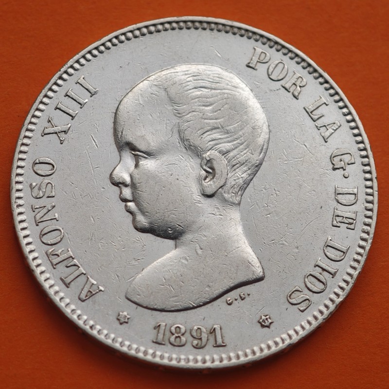 ESPAÑA 5 PESETAS 1891 * 18 91 PGM REY ALFONSO XIII KM.689 MONEDA DE PLATA (DURO) Spain silver R/5