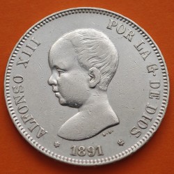 ESPAÑA 5 PESETAS 1891 * 18 91 PGM REY ALFONSO XIII KM.689 MONEDA DE PLATA (DURO) Spain silver R/5
