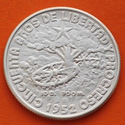 . @ESCASA@ CUBA 40 CENTAVOS 1952 BANDERA - ARBOL - 50 AÑOS DE LIBERTAD y PROGRESO KM.25 MONEDA DE PLATA EBC silver coin R/3