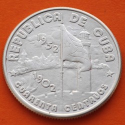 . @ESCASA@ CUBA 40 CENTAVOS 1952 BANDERA - ARBOL - 50 AÑOS DE LIBERTAD y PROGRESO KM.25 MONEDA DE PLATA EBC silver coin R/3