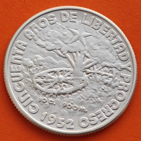 . @ESCASA@ CUBA 40 CENTAVOS 1952 BANDERA - ARBOL - 50 AÑOS DE LIBERTAD y PROGRESO KM.25 MONEDA DE PLATA EBC silver coin R/3