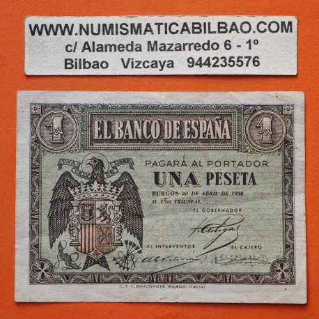 . 1 Billete MUY CIRCULADO x ESPAÑA 1 PESETA 1938 ABRIL 30 BURGOS AGUILA Color VERDE Serie L Pick 108 Spain banknote