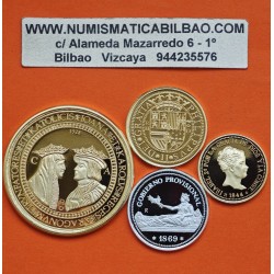 . @1,70 ONZAS de PLATA PURA@ ESPAÑA 4 MEDALLAS con ANTIGUAS MONEDAS 1528 a 1869 BAÑO DE ORO ESTUCHE y CERTIFICADO