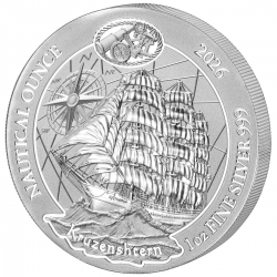 . @16/ABRIL Envïo@ RUANDA 50 FRANCOS 2026 HMS KRUZENSHTERN BARCO Nautical Ounce 10ª MONEDA DE PLATA ONZA OZ silver Rwanda