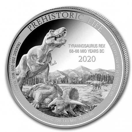 . @LA MÁS RARA@ CONGO 20 FRANCOS 2020 DINOSAURIO TYRANNOSAURUS REX Prehistoric Life PROOFLIKE 1ª MONEDA DE PLATA ONZA OZ T-REX