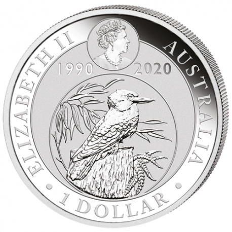 AUSTRALIA 1 DOLAR 2020 KOOKABURRA PAJARO 30 ANIVERSARIO 1990 MONEDA DE PLATA PURA SC $1 Dollar OZ silver 1 ONZA