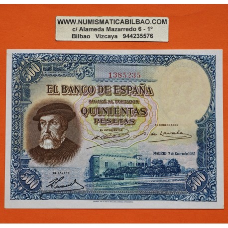 . @ESPECTACULAR y MUY RARO@ ESPAÑA 500 PESETAS 1935 HERNAN CORTES Sin Serie 1385235 Pick 89 BILLETE SIN CIRCULAR SC PLANCHA