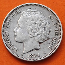 . @RARA@ ESPAÑA Rey ALFONSO XIII 2 PESETAS 1894 * 18 94 PGV Tipo "RIZOS" MONEDA DE PLATA KM.704 Spain silver coin R/3