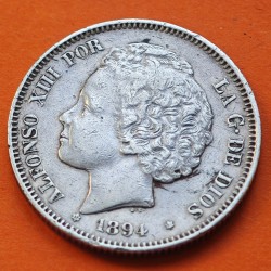. @RARA@ ESPAÑA Rey ALFONSO XIII 2 PESETAS 1894 * 18 94 PGV Tipo "RIZOS" MONEDA DE PLATA KM.704 Spain silver coin R/3