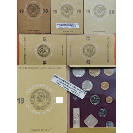 . 1978+1979+1980+1981+1982 RUSIA ESTUCHE OFICIAL LENINGRAD MINT 1+2+3+5+10+15+20+50 KOPECKS y 1 RUBLO KMS SET USSR CCCP