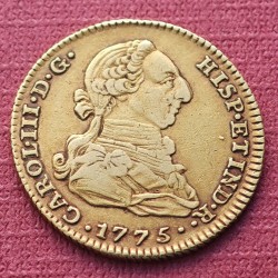 . @RARA@ ESPAÑA Rey CARLOS III 2 ESCUDOS 1775 M. PJ. Ceca de MADRID KM.417.1 MONEDA DE ORO Spain gold coin