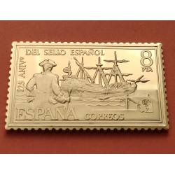0,65 Onzas LINGOTE DE PLATA PURA y BAÑO DE ORO x ESPAÑA forma de sello 8 PESETAS GALEÓN y ALMIRANTE Año 2002