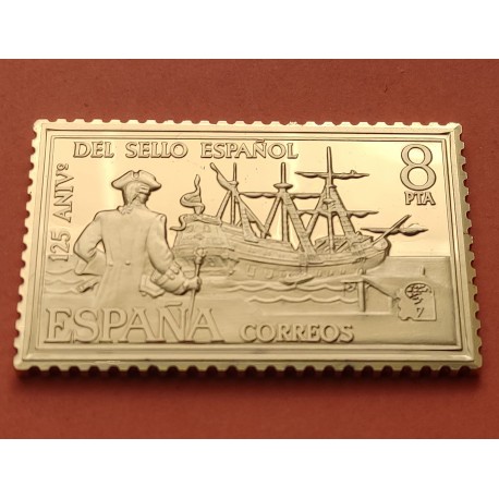 0,65 Onzas LINGOTE DE PLATA PURA y BAÑO DE ORO x ESPAÑA forma de sello 8 PESETAS GALEÓN y ALMIRANTE Año 2002