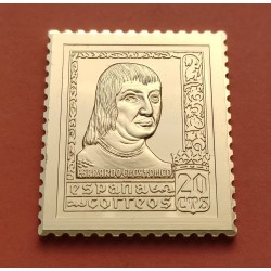 0,43 Onzas LINGOTE DE PLATA PURA y BAÑO DE ORO x ESPAÑA forma de sello 20 CENTIMOS REY FERNANDO EL CATOLICO Año 1992