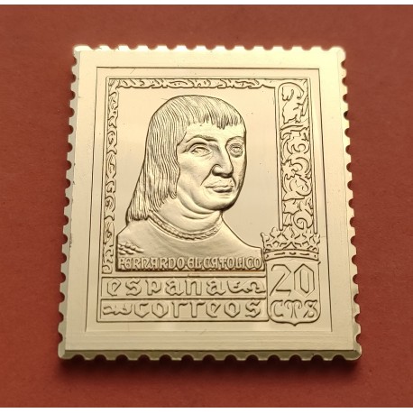 0,43 Onzas LINGOTE DE PLATA PURA y BAÑO DE ORO x ESPAÑA forma de sello 20 CENTIMOS REY FERNANDO EL CATOLICO Año 1992