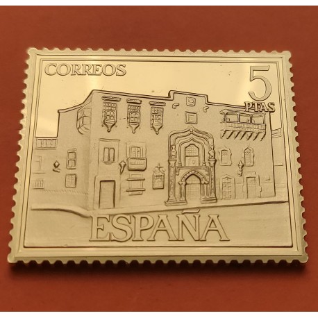 0,63 Onzas LINGOTE DE PLATA PURA y BAÑO DE ORO x ESPAÑA forma de sello 5 PESETAS ARCHIVO DE INDIAS en SEVILLA Año 1992
