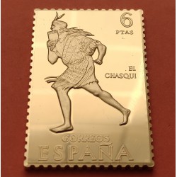 0,65 Onzas LINGOTE DE PLATA PURA y BAÑO DE ORO x ESPAÑA forma de sello 6 PESETAS EL CHASQUI MENSAJERO NATIVO Año 1992
