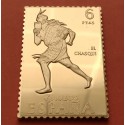 0,65 Onzas LINGOTE DE PLATA PURA y BAÑO DE ORO x ESPAÑA forma de sello 6 PESETAS EL CHASQUI MENSAJERO NATIVO Año 1992
