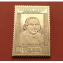 0,77 Onzas LINGOTE DE PLATA PURA y BAÑO DE ORO x ESPAÑA forma de sello 1 PESETA CRISTOBAL COLON Año 1992