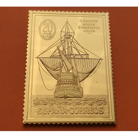 1,05 Onzas LINGOTE DE PLATA PURA y BAÑO DE ORO x ESPAÑA forma de sello 20 CENTIMOS GALEÓN REY DE LOS MARES Año 1992