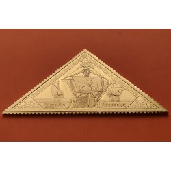 0,90 Onzas LINGOTE DE PLATA PURA y BAÑO DE ORO x ESPAÑA forma de sello 25 CENTIMOS CARABELAS @TRIANGULAR@ Año 1992