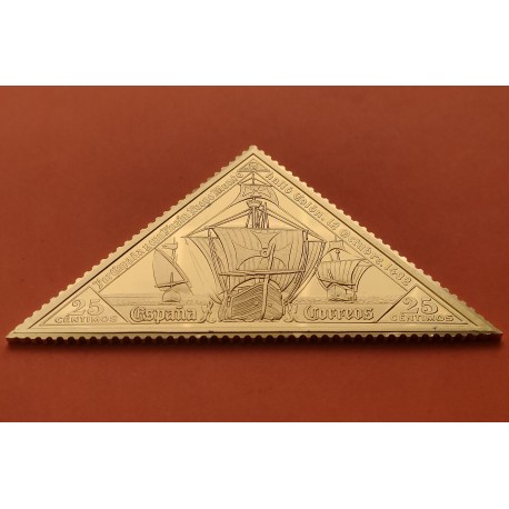 0,90 Onzas LINGOTE DE PLATA PURA y BAÑO DE ORO x ESPAÑA forma de sello 25 CENTIMOS CARABELAS @TRIANGULAR@ Año 1992