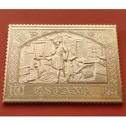 1,21 Onzas LINGOTE DE PLATA PURA y BAÑO DE ORO x ESPAÑA forma de sello 10 PESETAS LAS INQUIETUDES DE COLON Año 1992