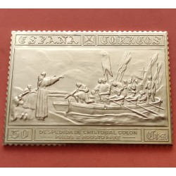 1,21 Onzas LINGOTE DE PLATA PURA y BAÑO DE ORO x ESPAÑA forma de sello 50 CENTIMOS DESPEDIDA DE CRISTOBAL COLON Año 1992