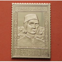 0,70 Onzas LINGOTE DE PLATA PURA y BAÑO DE ORO x ESPAÑA forma de sello 25 CENTIMOS Correo Aéreo VICENTE YAÑEZ PINZON