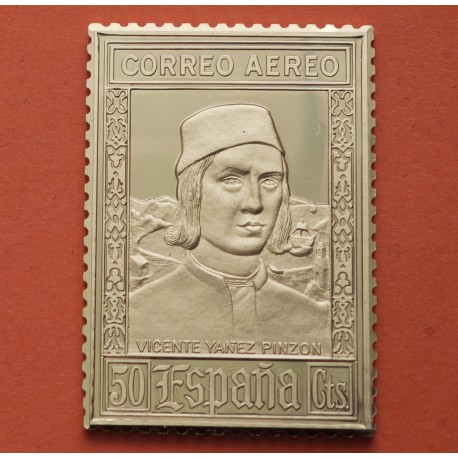 0,70 Onzas LINGOTE DE PLATA PURA y BAÑO DE ORO x ESPAÑA forma de sello 25 CENTIMOS Correo Aéreo VICENTE YAÑEZ PINZON