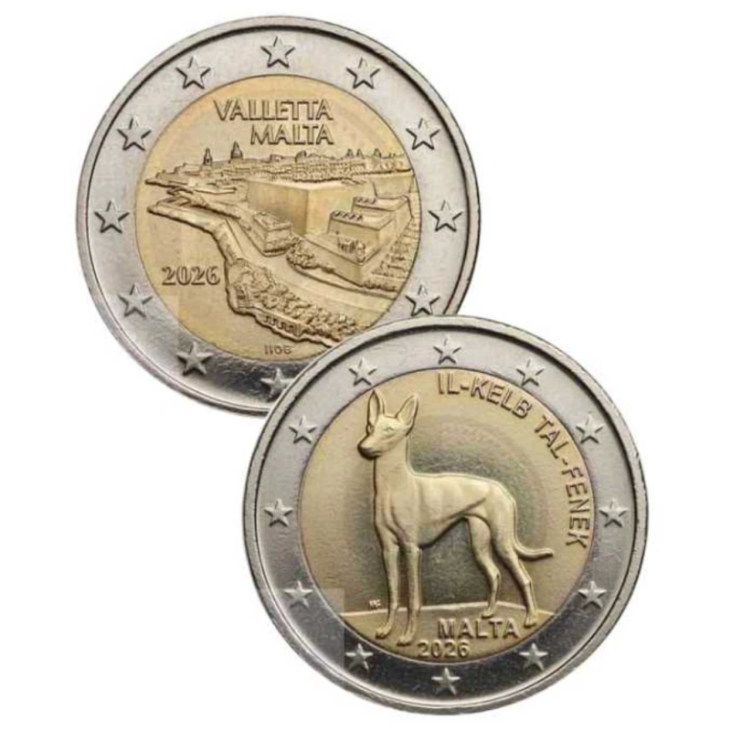 . @24/ABRIL Envío@ MALTA 2 EUROS 2026 GALGO FARAÓN + CIUDADELA de VALLETTA **NO ESTUCHE** 2 MONEDAS CONMEMORATIVAS