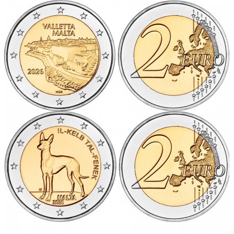 . @24/ABRIL Envío@ MALTA 2 EUROS 2026 SABUESO FARAÓN + CIUDADELA de VALLETTA **NO ESTUCHE** 2 MONEDAS CONMEMORATIVAS
