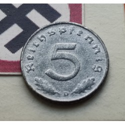 @ESCASA@ ALEMANIA 5 REICHSPFENNIG 1942 D AGUILA SOBRE ESVASTICA NAZI KM.100 MONEDA DE ZINC MBC+ Germany III Reich WWII