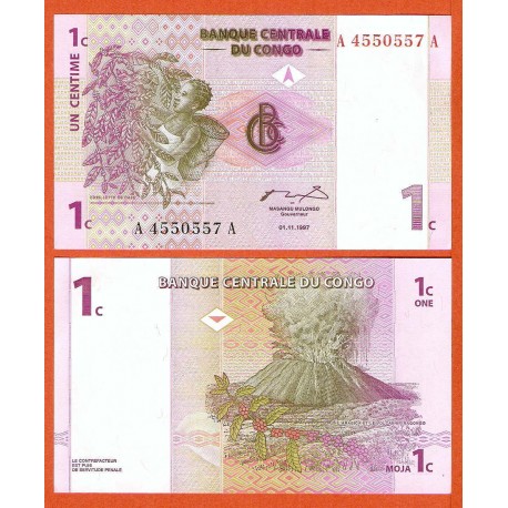 CONGO 1 CENTIMO 1997 VOLCAN EN ERUPCION y RECOLECTORA DE ALGODON Pick 8 BILLETE SC Africa UNC BANKNOTE