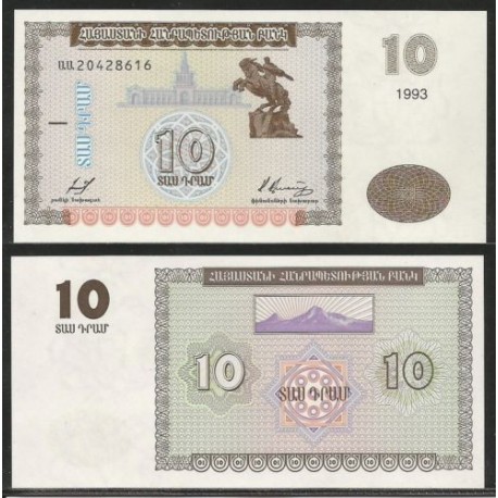 ARMENIA 10 DRAMS 1993 ESTATUA ECUESTRE Pick 33 BILLETE SC Armenien UNC BANKNOTE