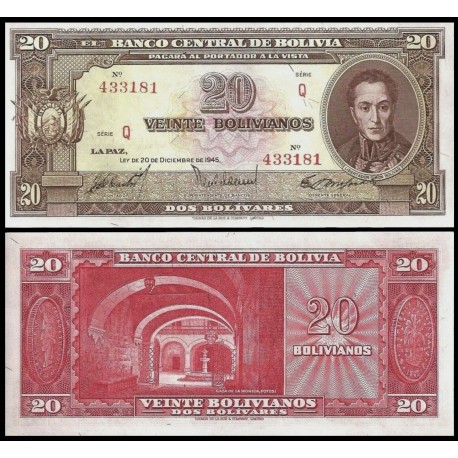 BOLIVIA 20 BOLIVIANOS 1945 SIMON BOLIVAR y CASA DE LA MONEDA Serie -P- Pick 140.A.6 BILLETE SC UNC BANKNOTE