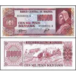 BOLIVIA 100000 PESOS BOLIVIANOS 1984 REFORMA AGRARIA y CAMPESINO Pick 171 BILLETE SC UNC BANKNOTE