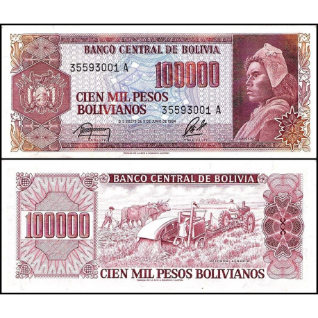 BOLIVIA 100000 PESOS BOLIVIANOS 1984 REFORMA AGRARIA y CAMPESINO Pick 171 BILLETE SC UNC BANKNOTE