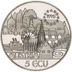 AUSTRIA 5 ECU 1995 MÚSICO JOHANN STRAUSS y CIUDAD KM.X.22 MONEDA DE NICKEL PROOFLIKE + CERTIFICADO