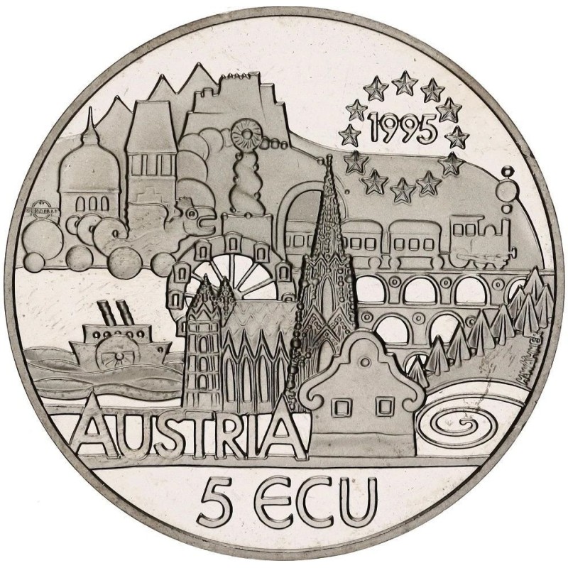 AUSTRIA 5 ECU 1995 MÚSICO JOHANN STRAUSS y CIUDAD KM.X.22 MONEDA DE NICKEL PROOFLIKE + CERTIFICADO