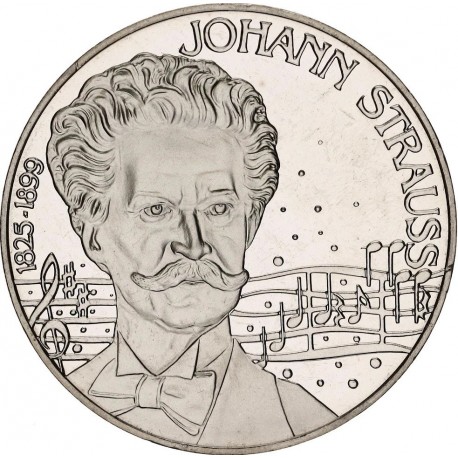 AUSTRIA 5 ECU 1995 MÚSICO JOHANN STRAUSS y CIUDAD KM.X.22 MONEDA DE NICKEL PROOFLIKE + CERTIFICADO