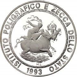ITALIA 5 ECU 1993 SECUESTRO DE EUROPA - DAMA y TORO KM.X.21 MONEDA DE PLATA PROOF ESTUCHE y CERTIFICADO