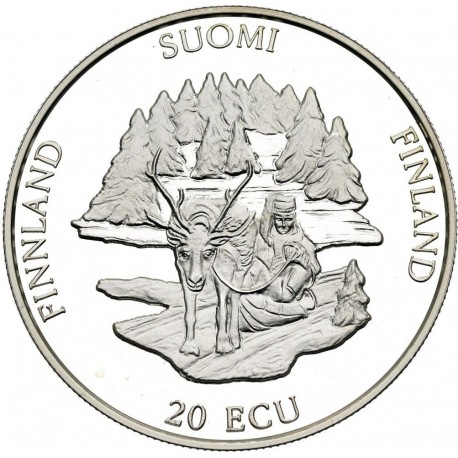 FINLANDIA 20 ECU 1994 TRINEO CON ALCE y PUENTE KM.X.17 MONEDA DE PLATA PROOF Finnland ESTUCHE